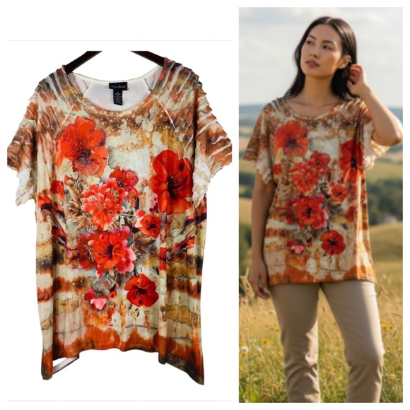 Maggie Barnes Tops - Maggie Barnes Catherines 1X 2X 18W 20W Top Tunic Shirt Floral Poppies Stretch